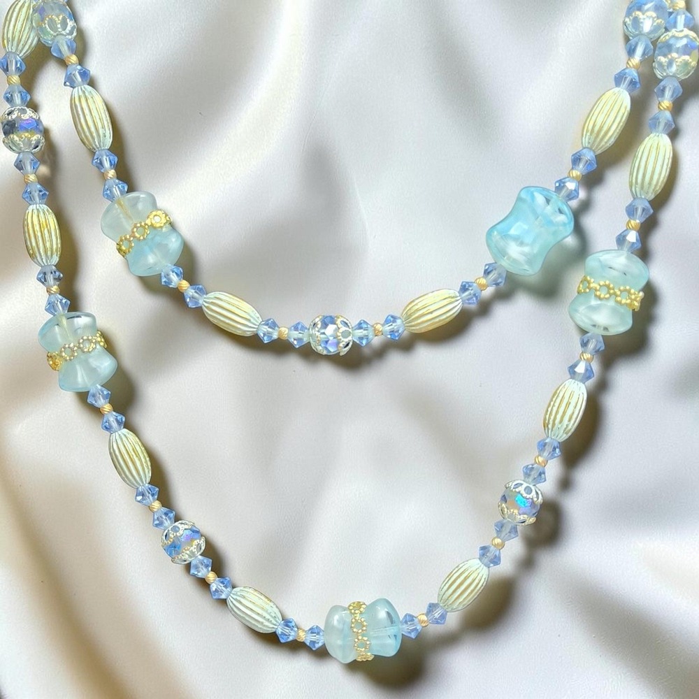 Vintage Mid Century Aqua Glass & Crystal 33" Necklace - Picture 3 of 11